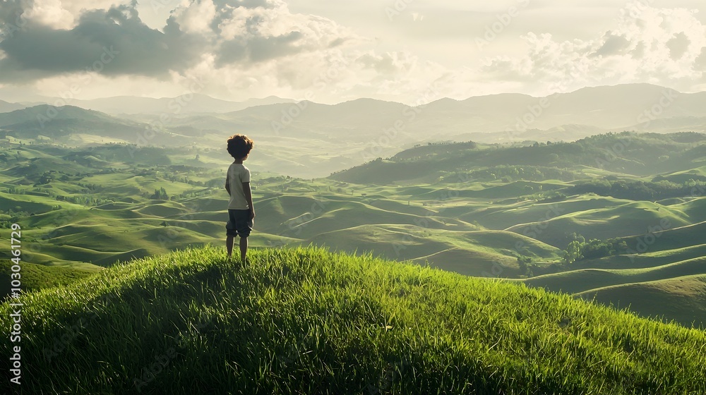 Child Immersed in Serene Landscape of Rolling Hills and Valleys Child Immersed in Serene Landscape of Rolling Hills and Valleys