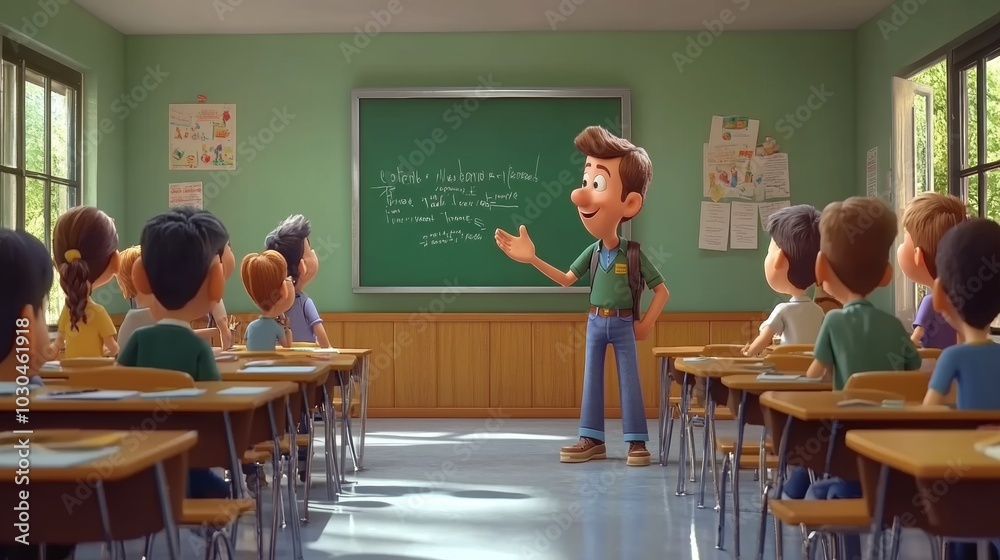 Cartoon Teacher Explains Lesson to Students in Classroom Cartoon Teacher Explains Lesson to Students in Classroom