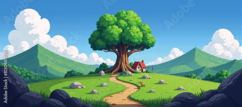 Pixel art landscape featuring an 8-bit style with grass skies and game assets Pixelated Landscape photo