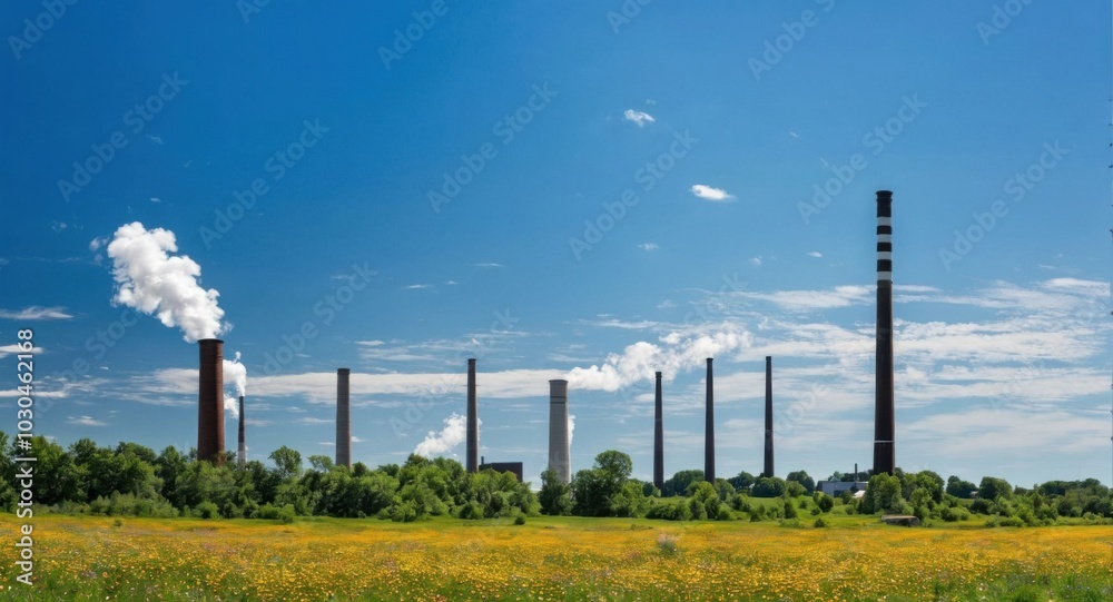 Bright sky highlighting smokestacks, creating a stark industrial scene. Bright sky highlighting smokestacks, creating a stark industrial scene.