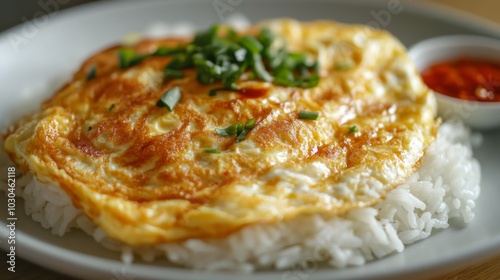 Delicious Omelette Served with Rice and Sauce