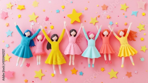 Cheerful Girls Reaching for Stars Colorful Paper Dolls on Pink Background