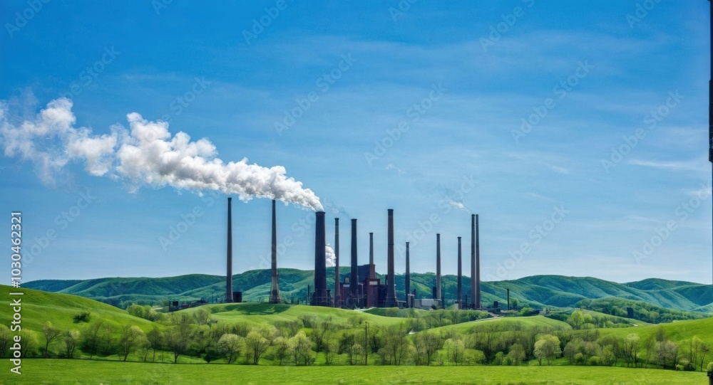 Bright sky highlighting smokestacks, creating a stark industrial scene. Bright sky highlighting smokestacks, creating a stark industrial scene.