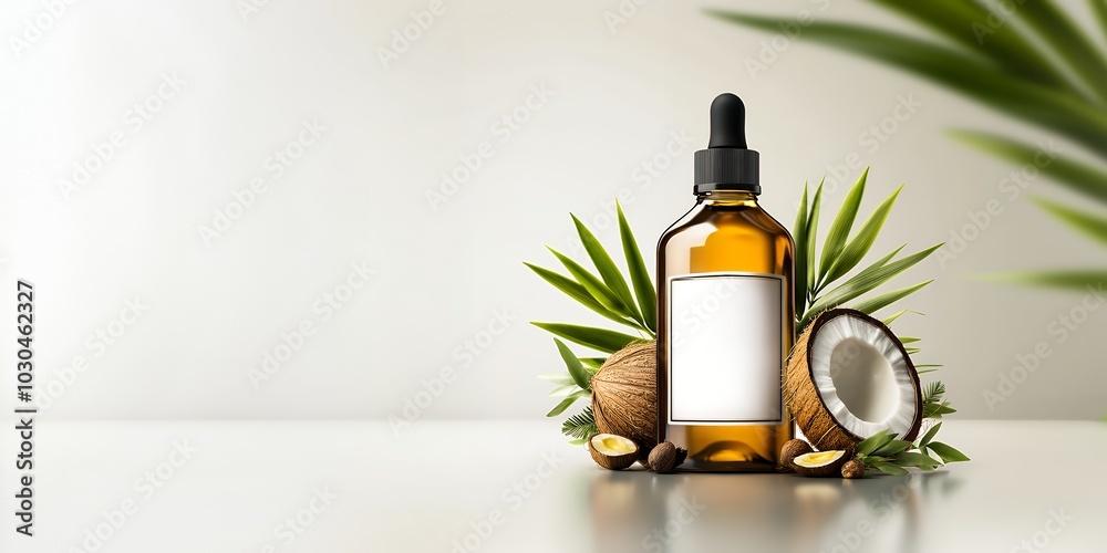 A bottle of coconut oil with a blank label, next to a coconut and palm leaves. A bottle of coconut oil with a blank label, next to a coconut and palm leaves.