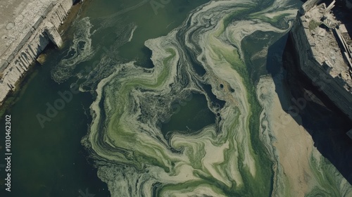 Industrial runoff has transformed this lake, now filled with pollutants and algae, a stark contrast to its clear past. photo