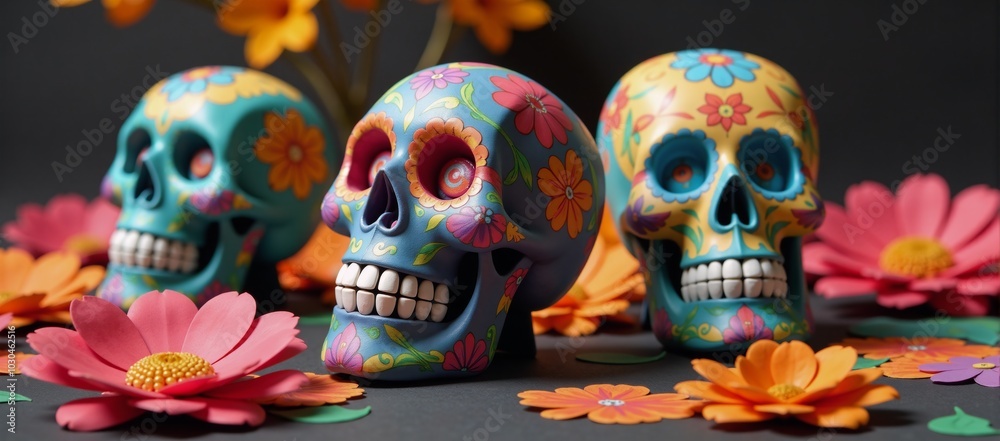 Brightly patterned papercraft Dia de Los Muertos skulls amidst lively paper flower arrangements Brightly patterned papercraft Dia de Los Muertos skulls amidst lively paper flower arrangements
