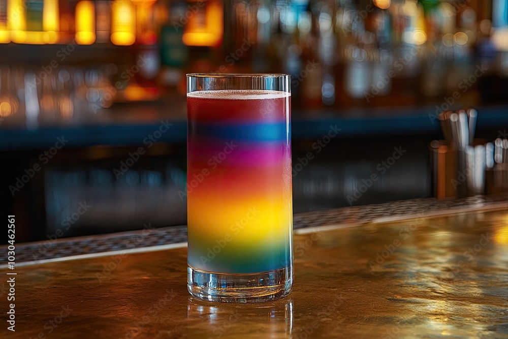 A colorful rainbow cocktail layered in a tall glass, set on a vibrant bar counter A colorful rainbow cocktail layered in a tall glass, set on a vibrant bar counter