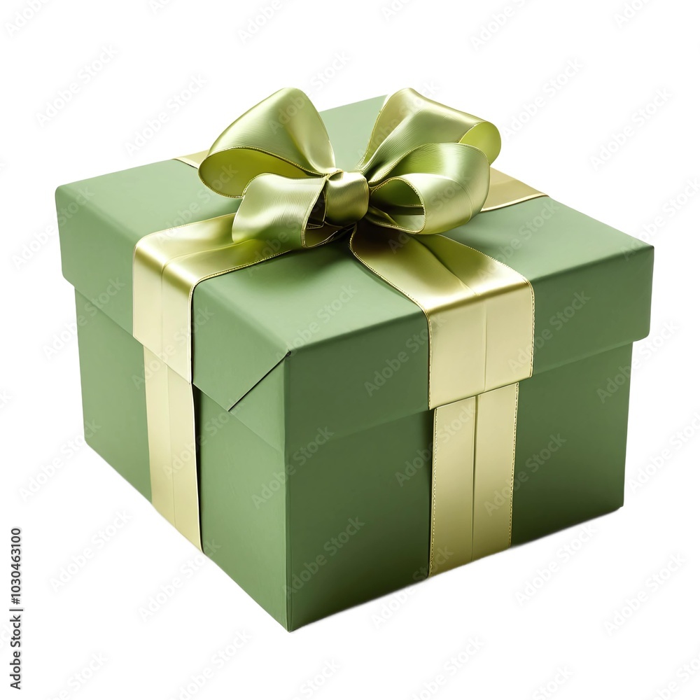 Green Luxury Gift Present Box with Shiny Satin Ribbon Bow, Isolated on White Background