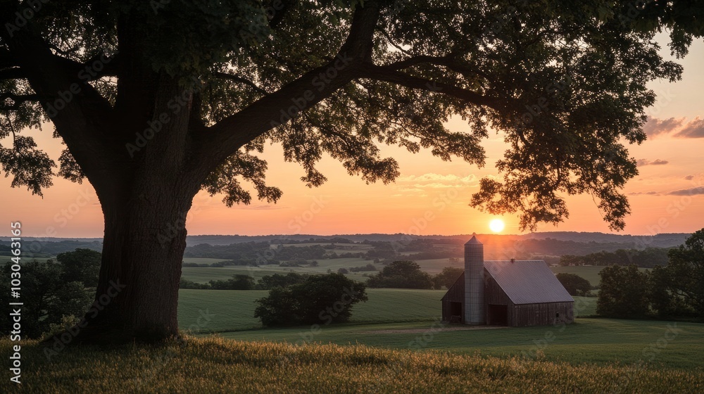 Naklejka premium Scenic Countryside Sunset with Barn and Silhouetted Tree