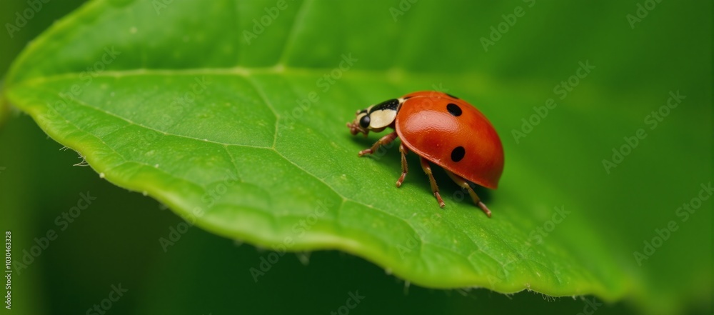 Ladybug with a distinctive black dot sitting on a green leaf Stock Image Ladybug with a distinctive black dot sitting on a green leaf Stock Image
