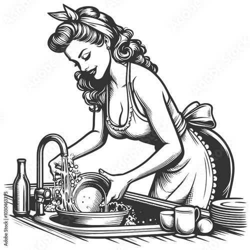 smiling retro housewife washing dishes at the sink, bubbly water sketch engraving generative ai fictional character vector illustration. Scratch board imitation. Black and white image.