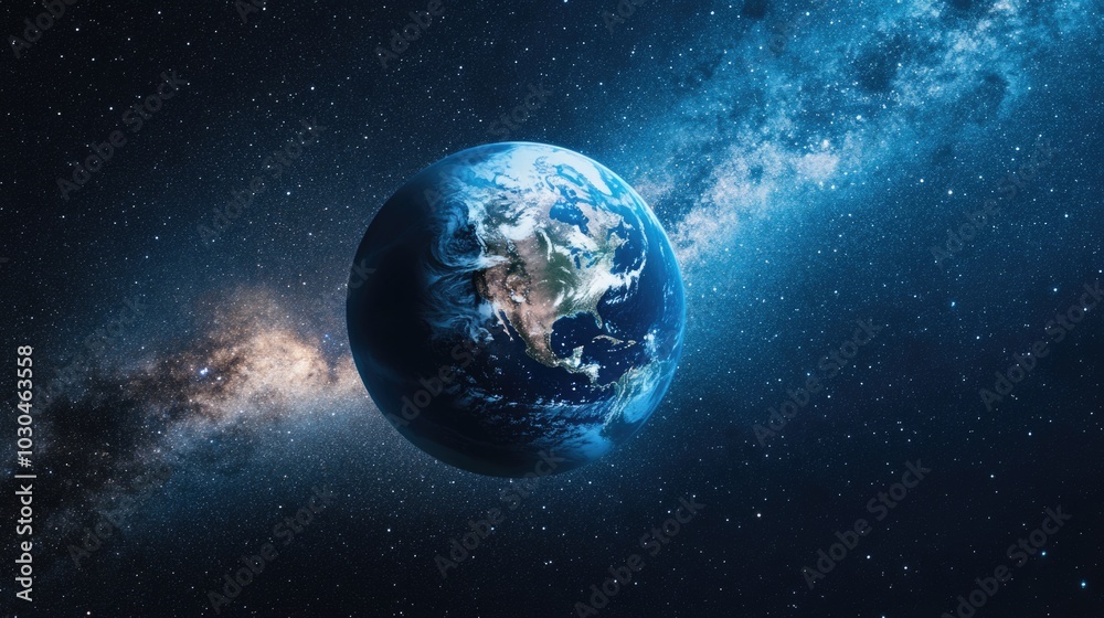 Earth with a starry sky and the Milky Way in the space background, with a blue color tone.