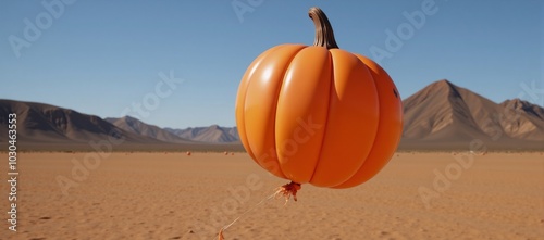 Orange pumpkin-shaped balloon floating in a sun-scorched desert landscape