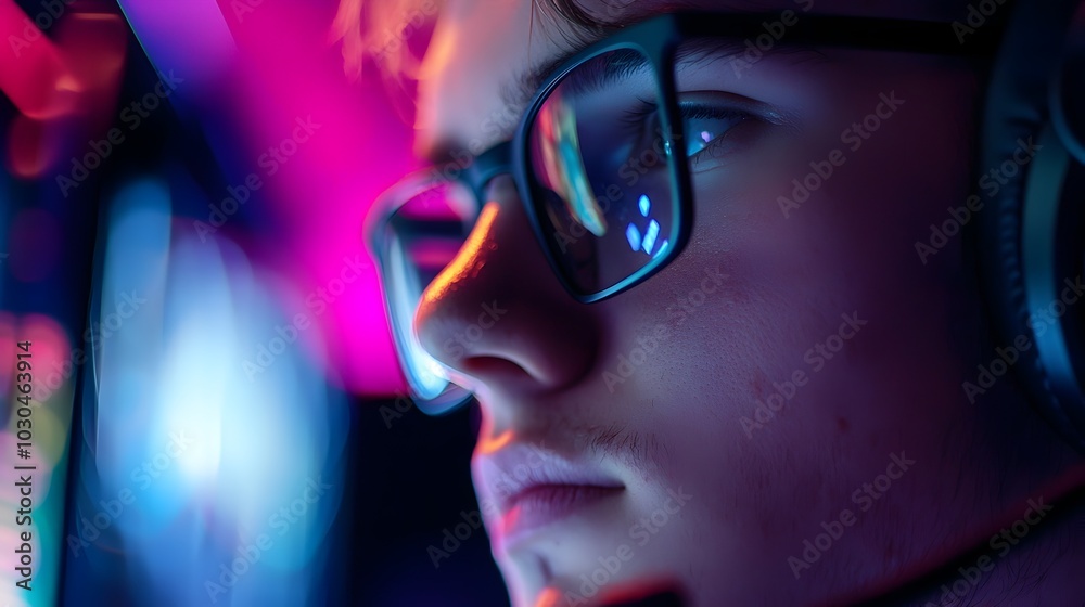 Captivated Player Deeply Immersed in Vibrant Video Game Experience Reflected in Glasses Captivated Player Deeply Immersed in Vibrant Video Game Experience Reflected in Glasses