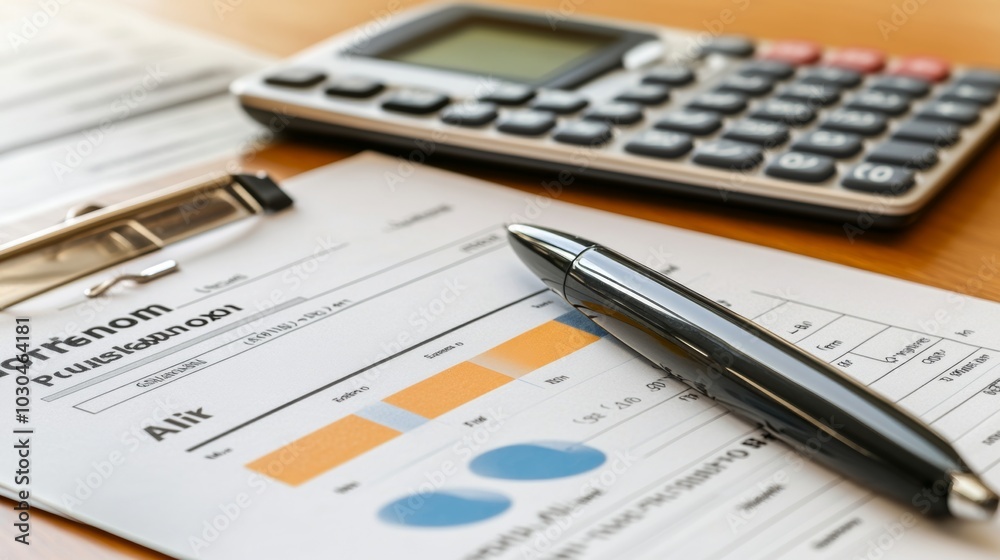 Financial Report Analysis Pen Calculator and Graphs on Clipboard Financial Report Analysis Pen Calculator and Graphs on Clipboard