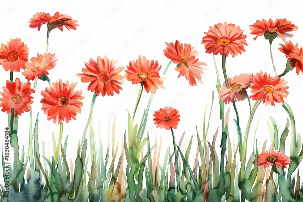 Watercolor Gerbera Daisies and Grass on White Background for Spring Decor Generative AI Watercolor Gerbera Daisies and Grass on White Background for Spring Decor Generative AI