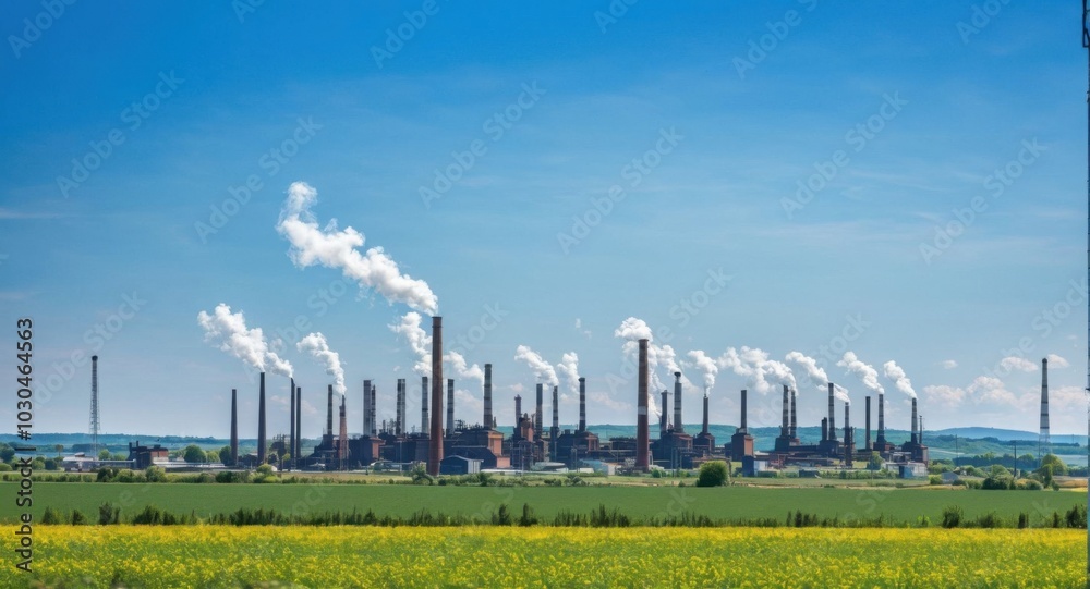 Bright sky highlighting smokestacks, creating a stark industrial scene. Bright sky highlighting smokestacks, creating a stark industrial scene.