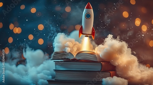 A toy rocket emerges from the books and starts to spew smoke, accompanied by stunning abstract graphics over a bokeh background. A representation of the desire for study and knowledge photo