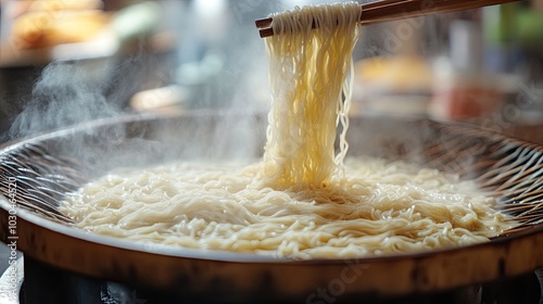 Close-up of the Boiling Dry Noodle Egg Noodle Mie Telor, an Asian Japanese Noodle photo