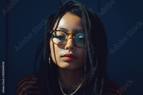 A woman with long dreadlocks and glasses is looking at the camera. She has a necklace around her neck and a gold hoop earring