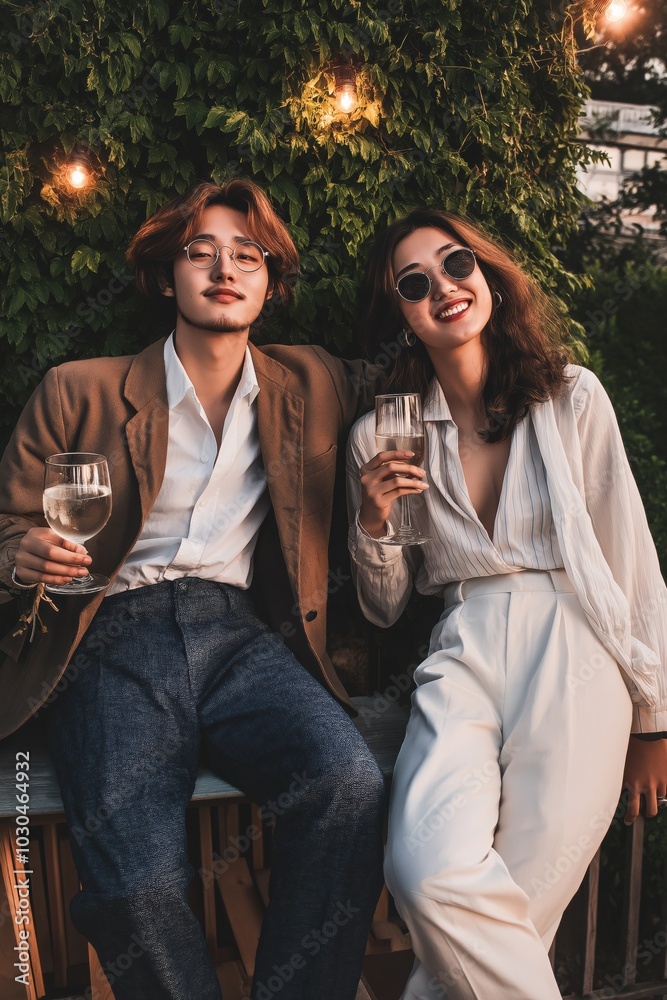 Fototapeta premium A man and a woman are sitting on a bench, holding wine glasses and smiling. The man is wearing a brown jacket and the woman is wearing a white shirt and white pants. Scene is happy and relaxed
