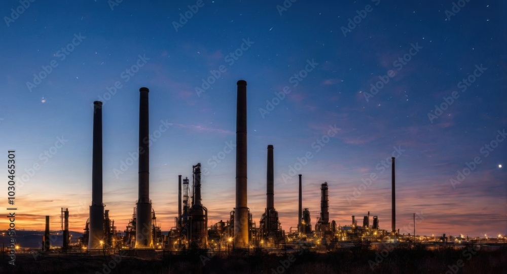 Bright sky highlighting smokestacks, creating a stark industrial scene. Bright sky highlighting smokestacks, creating a stark industrial scene.