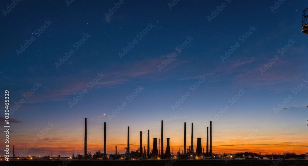 Bright sky highlighting smokestacks, creating a stark industrial scene. Bright sky highlighting smokestacks, creating a stark industrial scene.