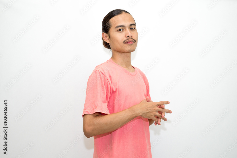 An Indonesian, Asian man wearing a pink tshirt formal style involving his partner with standing confidence like a mature person and a young businessman. isolated in white background
