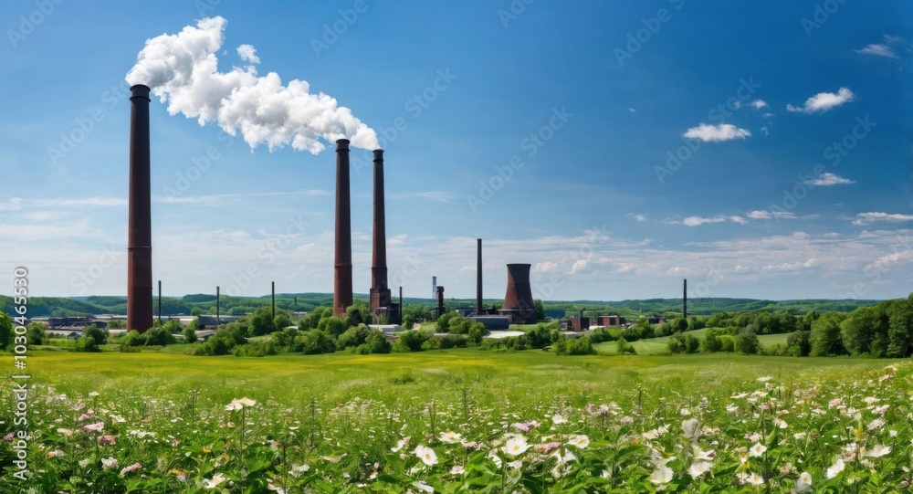 Bright sky highlighting smokestacks, creating a stark industrial scene. Bright sky highlighting smokestacks, creating a stark industrial scene.