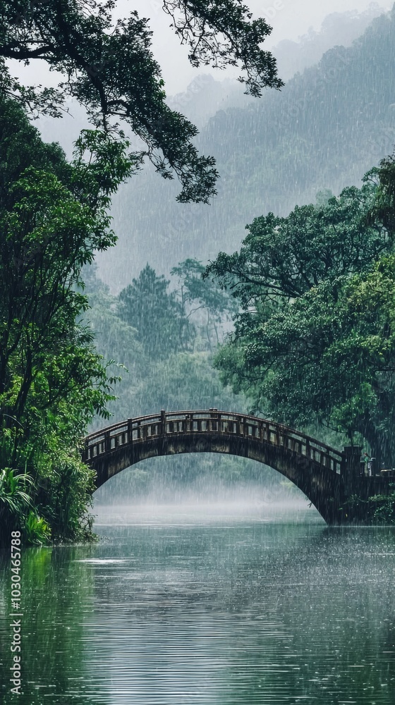 A Picturesque Bridge Over a River with Heavy Rain Falling and Mist Rising from the Water Generative AI A Picturesque Bridge Over a River with Heavy Rain Falling and Mist Rising from the Water Generative AI