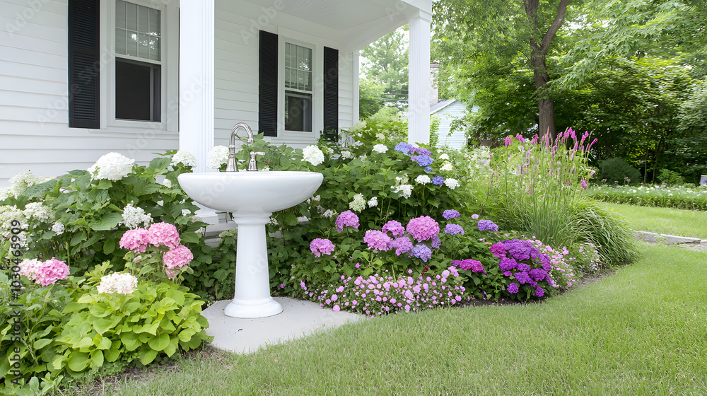 Fototapeta premium A Gleaming Sink Next to a Charming House Adorned with Vibrant Garden Elements