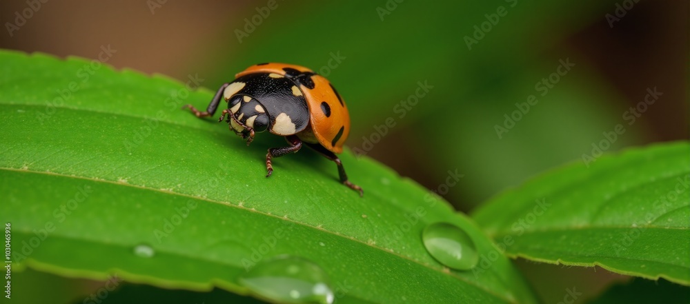 Naklejka premium Ladybug resting on green leaf