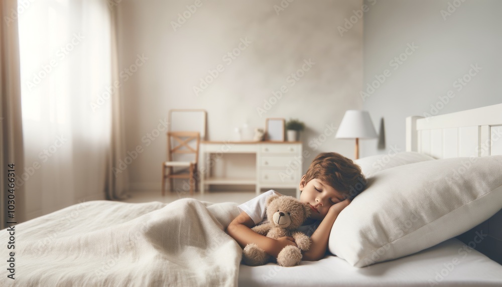 Peaceful Child Sleeping in Cozy Bedroom with Soft Natural Light and Teddy Bear Peaceful Child Sleeping in Cozy Bedroom with Soft Natural Light and Teddy Bear