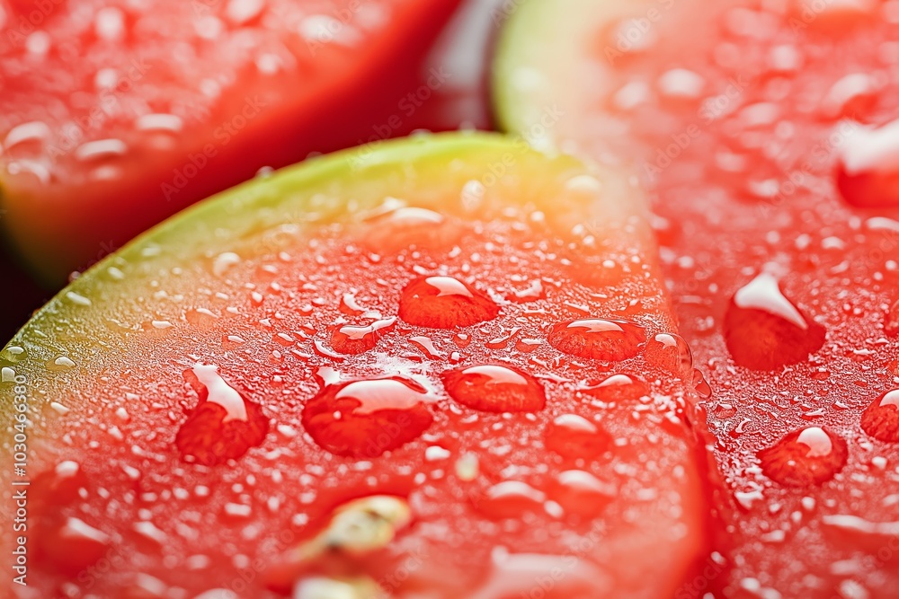 A close-up of juicy watermelon slices with vibrant red color, green rind, and covered in refreshing droplets. A close-up of juicy watermelon slices with vibrant red color, green rind, and covered in refreshing droplets.
