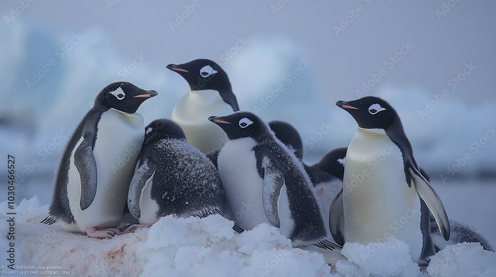 Obraz premium Cozy Penguins Huddled on Icy Landscape in Beautiful Antarctic Morning Light