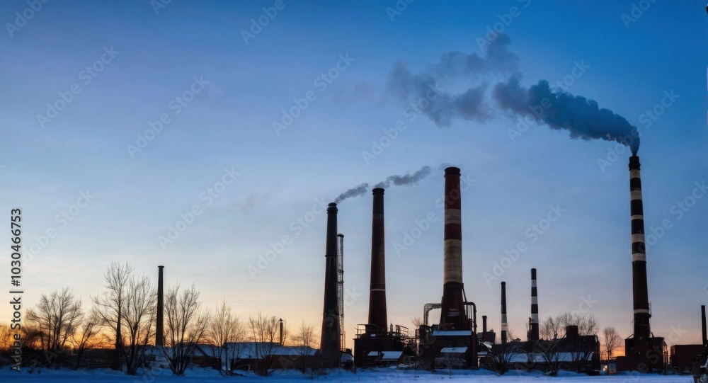 Bright sky highlighting smokestacks, creating a stark industrial scene. Bright sky highlighting smokestacks, creating a stark industrial scene.