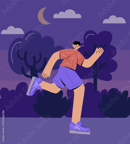 Night Running, Vector illustration of a Man Jogging at Night