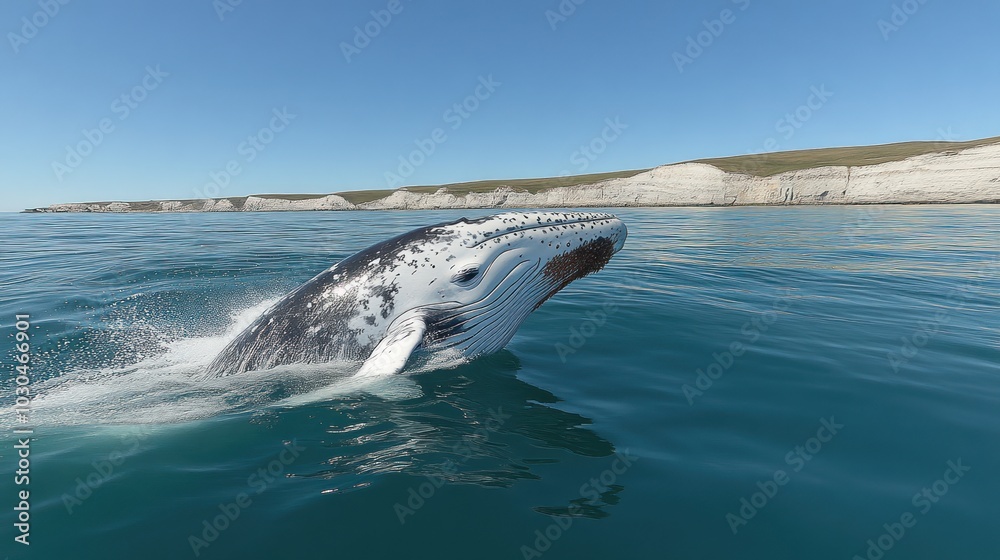 Fototapeta premium A whale breaching the surface near a coastal landscape.