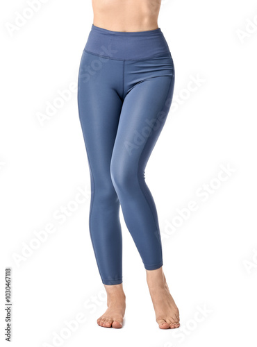 Woman wearing sports leggings on white background, closeup