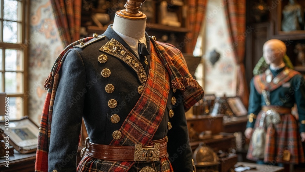 Exquisite traditional Scottish uniform on display in a charming museum setting with rich decor Exquisite traditional Scottish uniform on display in a charming museum setting with rich decor
