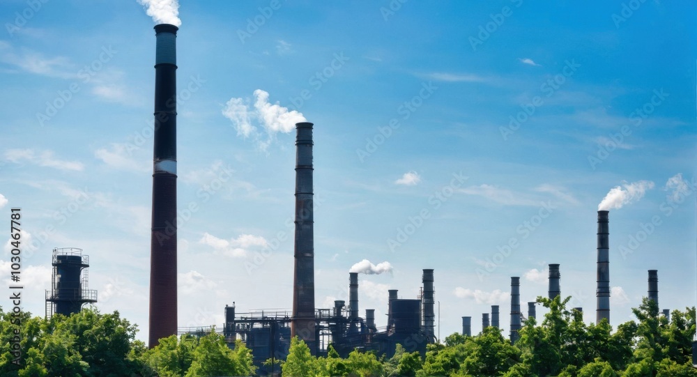 Bright sky highlighting smokestacks, creating a stark industrial scene. Bright sky highlighting smokestacks, creating a stark industrial scene.