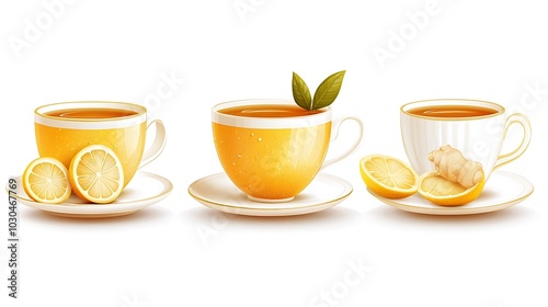 A white teacup with tea, lemon slices, ginger root, and a honey dipper.