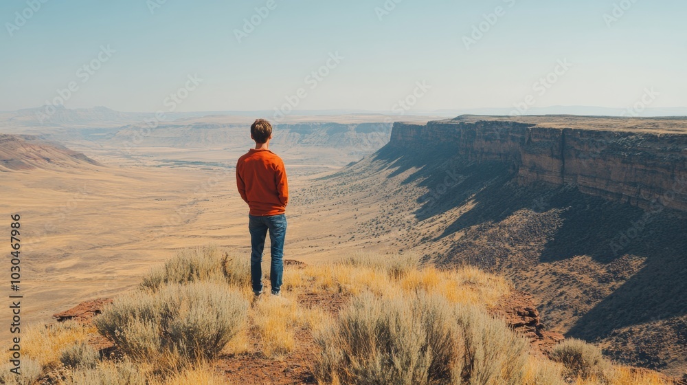 Fototapeta premium Man Standing on Cliff Overlooking Canyon Landscape