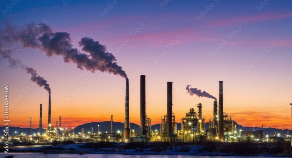 Bright sky highlighting smokestacks, creating a stark industrial scene. Bright sky highlighting smokestacks, creating a stark industrial scene.