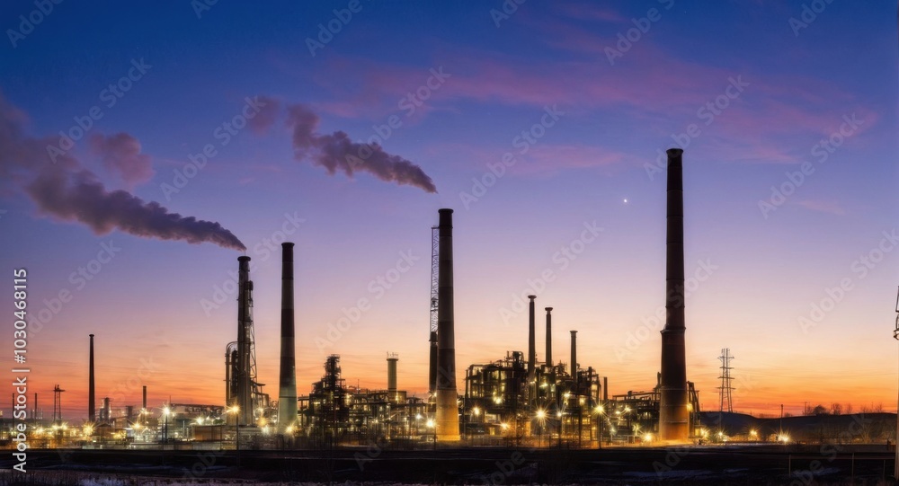 Bright sky highlighting smokestacks, creating a stark industrial scene. Bright sky highlighting smokestacks, creating a stark industrial scene.