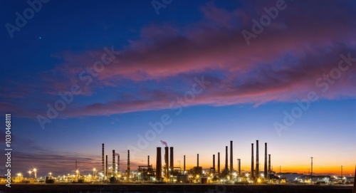 Bright sky highlighting smokestacks, creating a stark industrial scene.