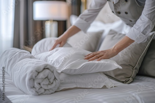 A hotel housekeeper making the bed pillow furniture cushion.