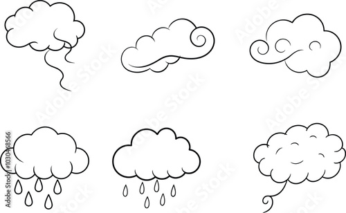 Six Hand-Drawn Clouds with Rain and Wind