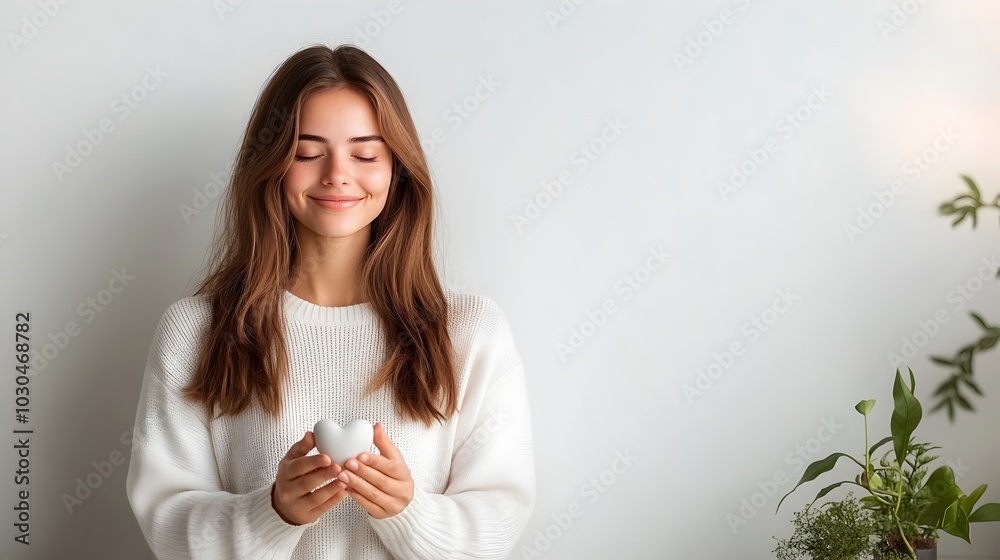 Young Smiling Woman Holding Warm Drink in Relaxed Indoor Setting Young Smiling Woman Holding Warm Drink in Relaxed Indoor Setting