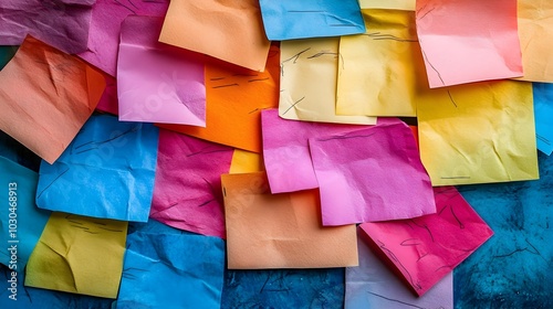 Vibrant Crumpled Paper Texture Composition with Geometric Shapes and Overlapping Layers